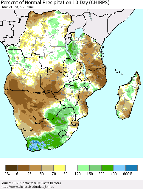 Southern Africa Percent of Normal Precipitation 10-Day (CHIRPS) Thematic Map For 11/21/2021 - 11/30/2021