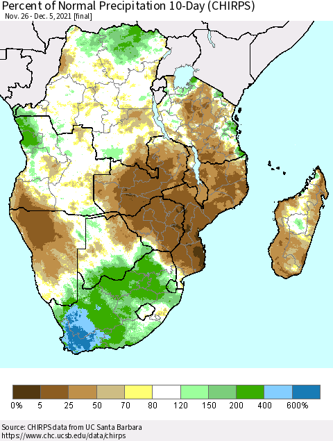 Southern Africa Percent of Normal Precipitation 10-Day (CHIRPS) Thematic Map For 11/26/2021 - 12/5/2021
