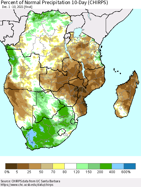 Southern Africa Percent of Normal Precipitation 10-Day (CHIRPS) Thematic Map For 12/1/2021 - 12/10/2021