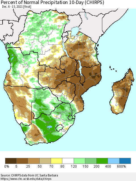 Southern Africa Percent of Normal Precipitation 10-Day (CHIRPS) Thematic Map For 12/6/2021 - 12/15/2021