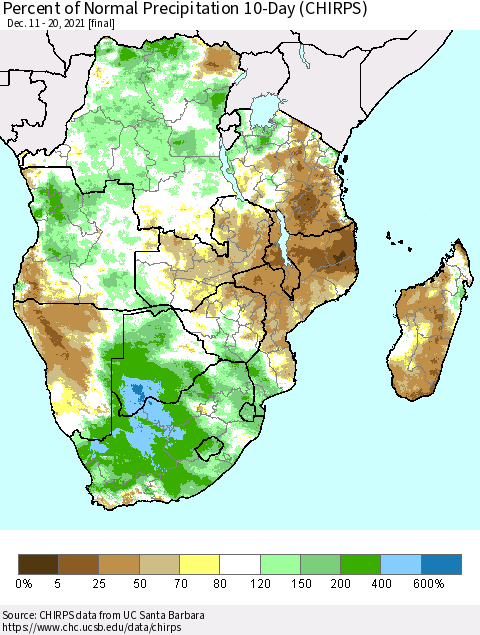 Southern Africa Percent of Normal Precipitation 10-Day (CHIRPS) Thematic Map For 12/11/2021 - 12/20/2021