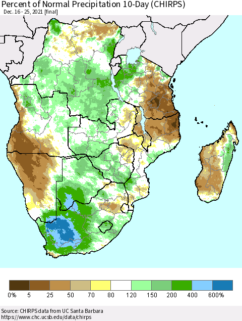 Southern Africa Percent of Normal Precipitation 10-Day (CHIRPS) Thematic Map For 12/16/2021 - 12/25/2021