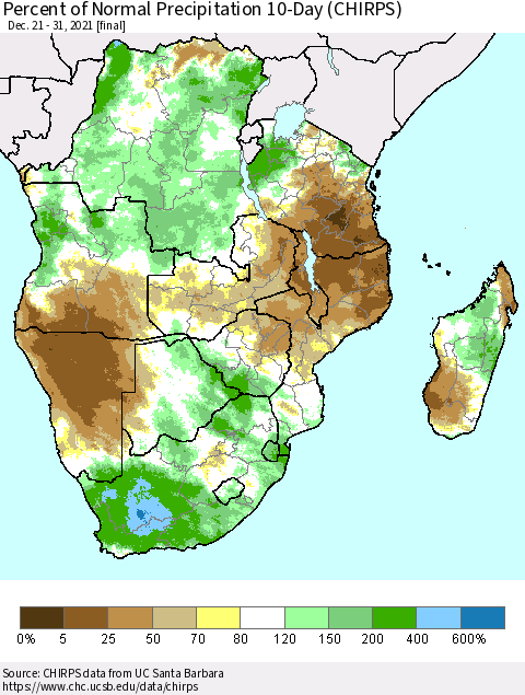 Southern Africa Percent of Normal Precipitation 10-Day (CHIRPS) Thematic Map For 12/21/2021 - 12/31/2021