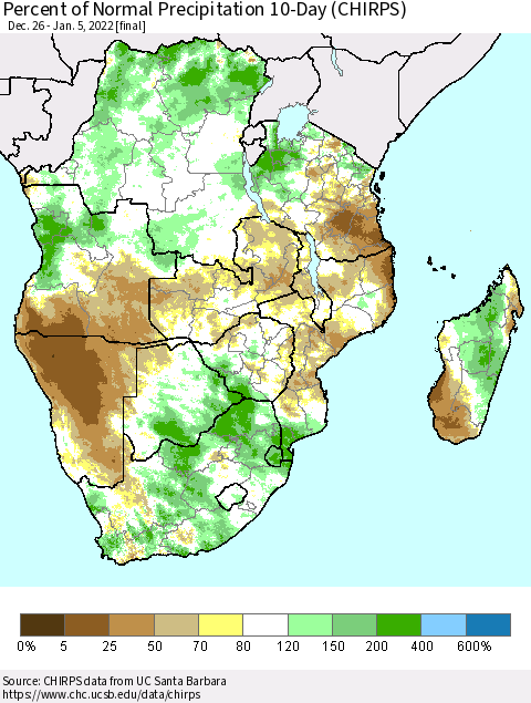 Southern Africa Percent of Normal Precipitation 10-Day (CHIRPS) Thematic Map For 12/26/2021 - 1/5/2022