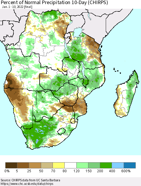 Southern Africa Percent of Normal Precipitation 10-Day (CHIRPS) Thematic Map For 1/1/2022 - 1/10/2022
