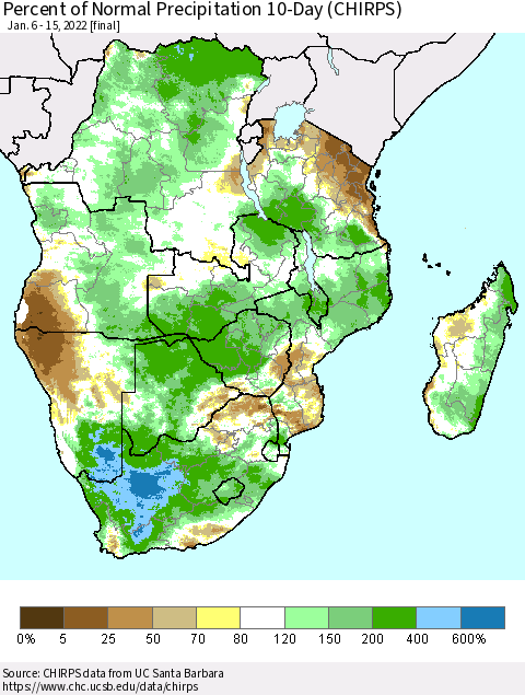 Southern Africa Percent of Normal Precipitation 10-Day (CHIRPS) Thematic Map For 1/6/2022 - 1/15/2022