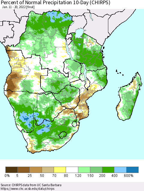 Southern Africa Percent of Normal Precipitation 10-Day (CHIRPS) Thematic Map For 1/11/2022 - 1/20/2022