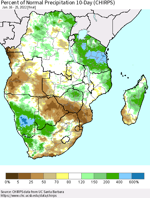 Southern Africa Percent of Normal Precipitation 10-Day (CHIRPS) Thematic Map For 1/16/2022 - 1/25/2022