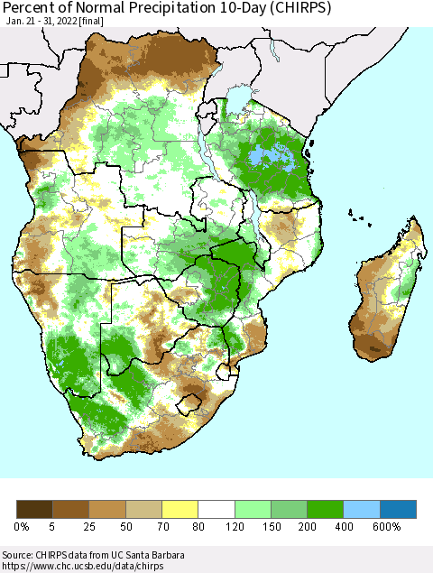 Southern Africa Percent of Normal Precipitation 10-Day (CHIRPS) Thematic Map For 1/21/2022 - 1/31/2022