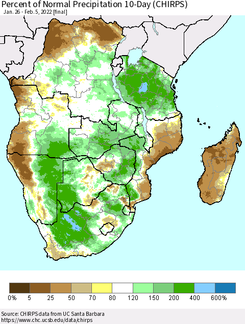 Southern Africa Percent of Normal Precipitation 10-Day (CHIRPS) Thematic Map For 1/26/2022 - 2/5/2022