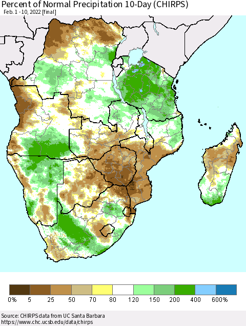 Southern Africa Percent of Normal Precipitation 10-Day (CHIRPS) Thematic Map For 2/1/2022 - 2/10/2022