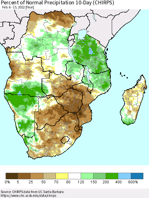 Southern Africa Percent of Normal Precipitation 10-Day (CHIRPS) Thematic Map For 2/6/2022 - 2/15/2022
