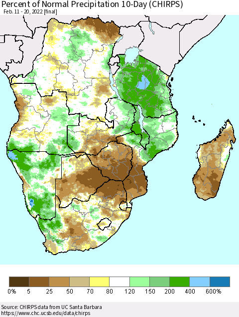 Southern Africa Percent of Normal Precipitation 10-Day (CHIRPS) Thematic Map For 2/11/2022 - 2/20/2022
