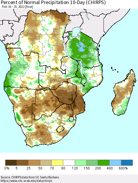 Southern Africa Percent of Normal Precipitation 10-Day (CHIRPS) Thematic Map For 2/16/2022 - 2/25/2022