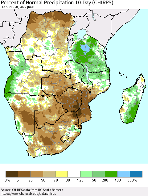 Southern Africa Percent of Normal Precipitation 10-Day (CHIRPS) Thematic Map For 2/21/2022 - 2/28/2022