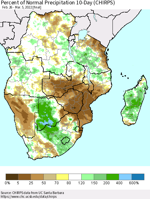 Southern Africa Percent of Normal Precipitation 10-Day (CHIRPS) Thematic Map For 2/26/2022 - 3/5/2022