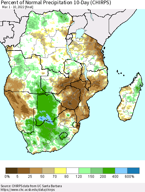 Southern Africa Percent of Normal Precipitation 10-Day (CHIRPS) Thematic Map For 3/1/2022 - 3/10/2022