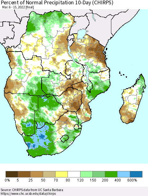 Southern Africa Percent of Normal Precipitation 10-Day (CHIRPS) Thematic Map For 3/6/2022 - 3/15/2022
