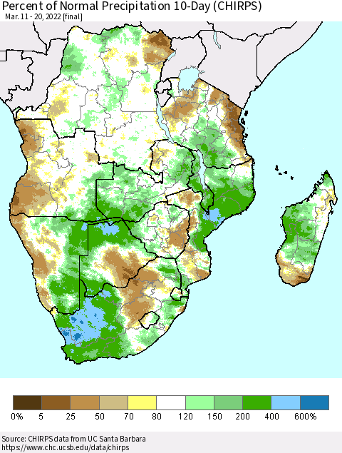 Southern Africa Percent of Normal Precipitation 10-Day (CHIRPS) Thematic Map For 3/11/2022 - 3/20/2022