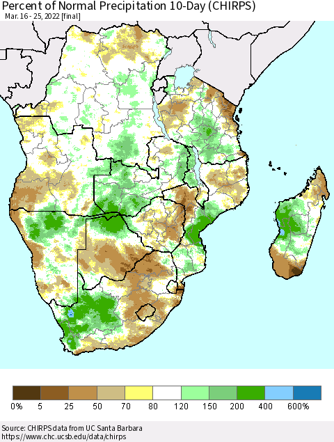 Southern Africa Percent of Normal Precipitation 10-Day (CHIRPS) Thematic Map For 3/16/2022 - 3/25/2022