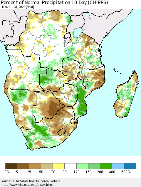 Southern Africa Percent of Normal Precipitation 10-Day (CHIRPS) Thematic Map For 3/21/2022 - 3/31/2022