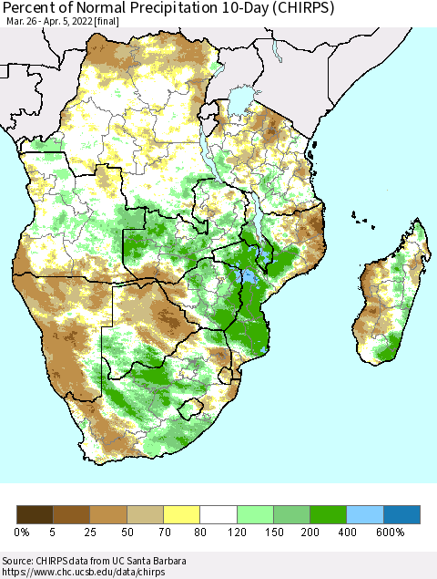 Southern Africa Percent of Normal Precipitation 10-Day (CHIRPS) Thematic Map For 3/26/2022 - 4/5/2022