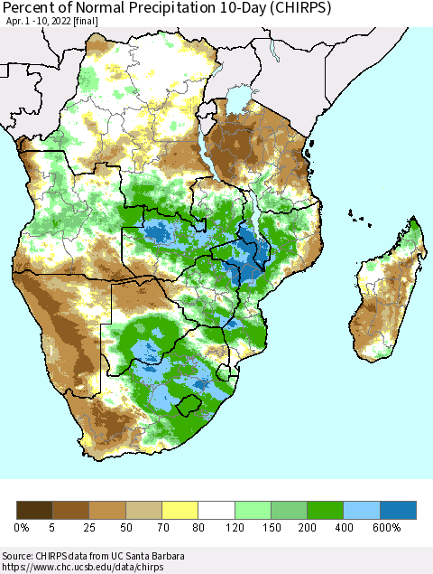 Southern Africa Percent of Normal Precipitation 10-Day (CHIRPS) Thematic Map For 4/1/2022 - 4/10/2022