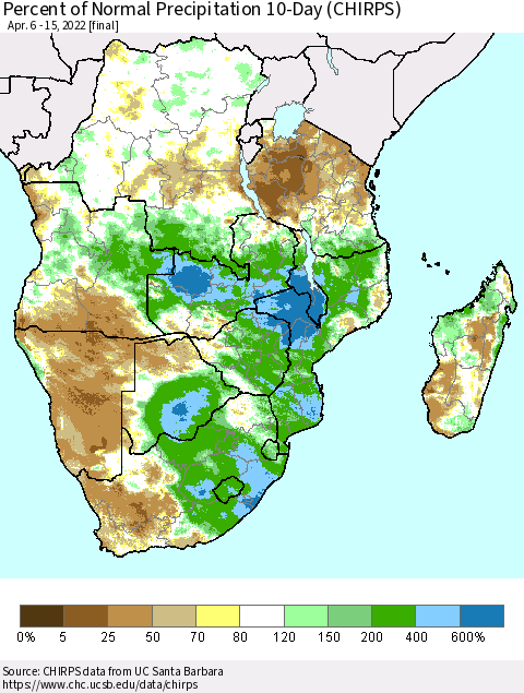 Southern Africa Percent of Normal Precipitation 10-Day (CHIRPS) Thematic Map For 4/6/2022 - 4/15/2022