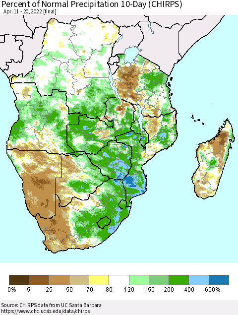 Southern Africa Percent of Normal Precipitation 10-Day (CHIRPS) Thematic Map For 4/11/2022 - 4/20/2022
