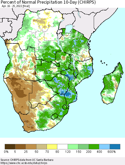 Southern Africa Percent of Normal Precipitation 10-Day (CHIRPS) Thematic Map For 4/16/2022 - 4/25/2022