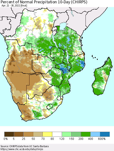 Southern Africa Percent of Normal Precipitation 10-Day (CHIRPS) Thematic Map For 4/21/2022 - 4/30/2022