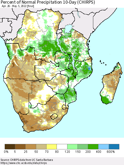 Southern Africa Percent of Normal Precipitation 10-Day (CHIRPS) Thematic Map For 4/26/2022 - 5/5/2022