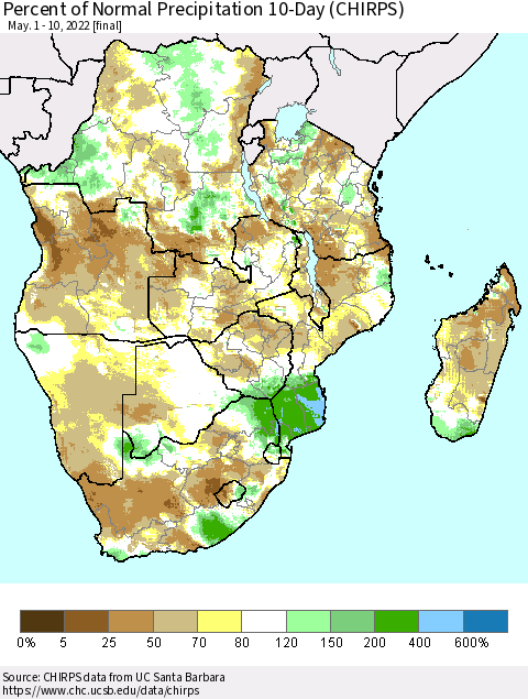 Southern Africa Percent of Normal Precipitation 10-Day (CHIRPS) Thematic Map For 5/1/2022 - 5/10/2022