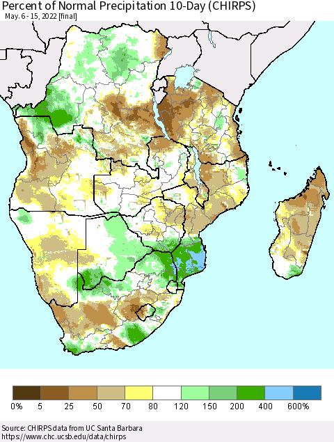 Southern Africa Percent of Normal Precipitation 10-Day (CHIRPS) Thematic Map For 5/6/2022 - 5/15/2022