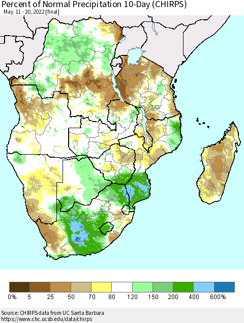 Southern Africa Percent of Normal Precipitation 10-Day (CHIRPS) Thematic Map For 5/11/2022 - 5/20/2022