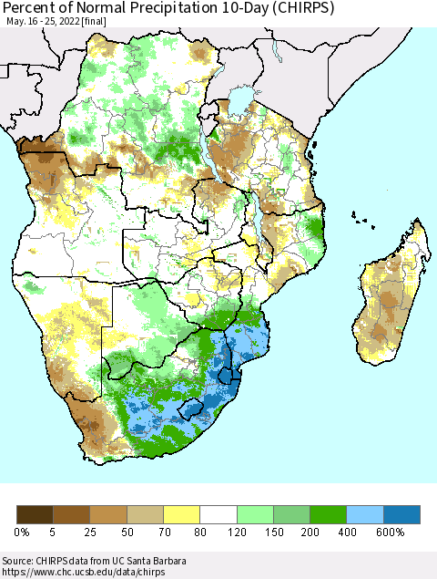 Southern Africa Percent of Normal Precipitation 10-Day (CHIRPS) Thematic Map For 5/16/2022 - 5/25/2022