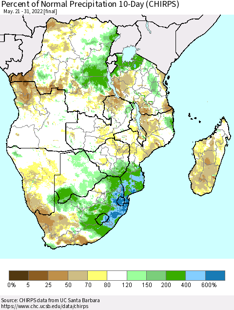 Southern Africa Percent of Normal Precipitation 10-Day (CHIRPS) Thematic Map For 5/21/2022 - 5/31/2022
