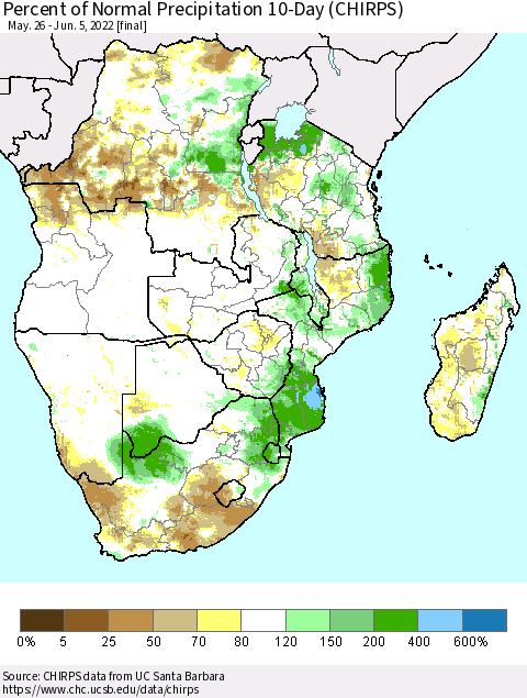 Southern Africa Percent of Normal Precipitation 10-Day (CHIRPS) Thematic Map For 5/26/2022 - 6/5/2022