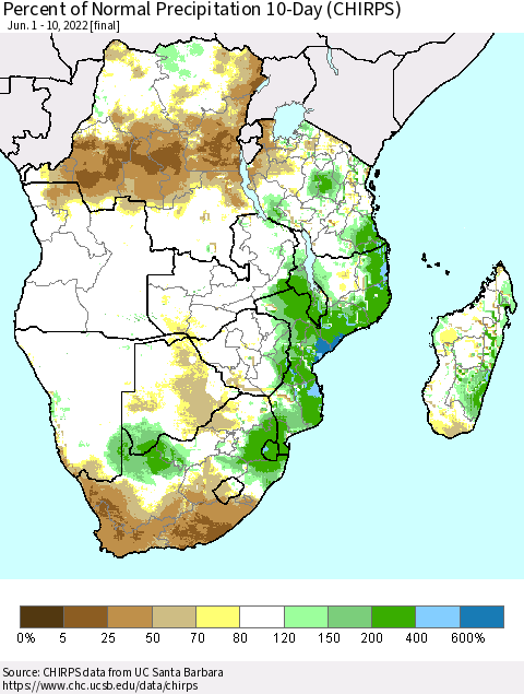 Southern Africa Percent of Normal Precipitation 10-Day (CHIRPS) Thematic Map For 6/1/2022 - 6/10/2022