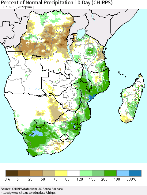 Southern Africa Percent of Normal Precipitation 10-Day (CHIRPS) Thematic Map For 6/6/2022 - 6/15/2022
