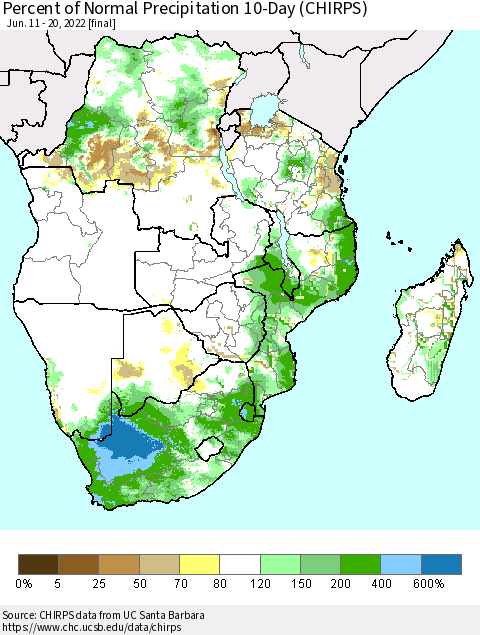 Southern Africa Percent of Normal Precipitation 10-Day (CHIRPS) Thematic Map For 6/11/2022 - 6/20/2022
