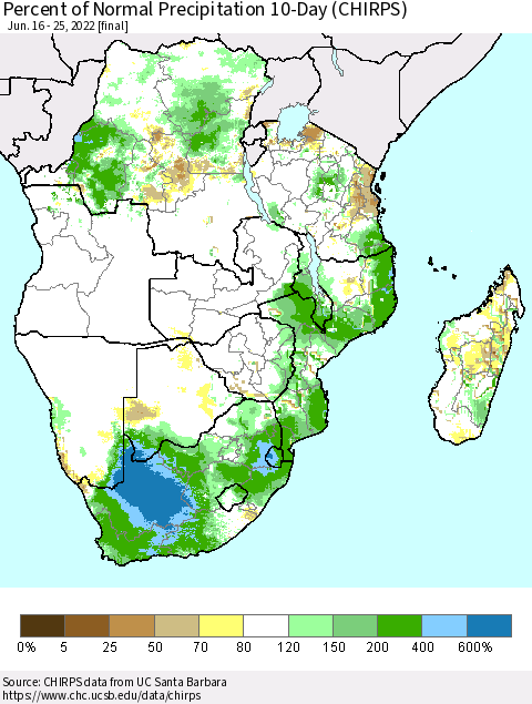 Southern Africa Percent of Normal Precipitation 10-Day (CHIRPS) Thematic Map For 6/16/2022 - 6/25/2022