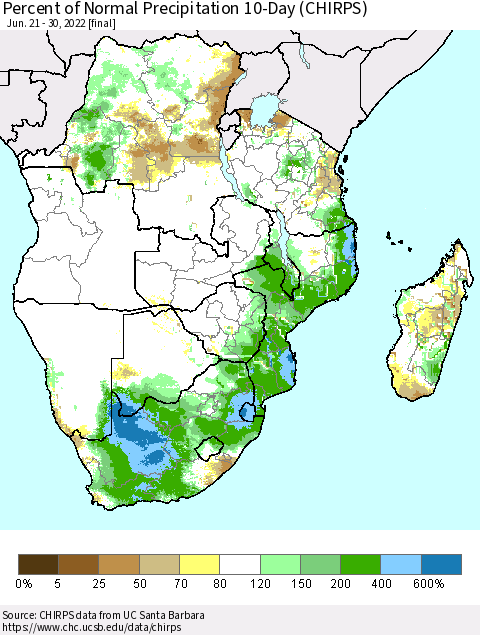 Southern Africa Percent of Normal Precipitation 10-Day (CHIRPS) Thematic Map For 6/21/2022 - 6/30/2022