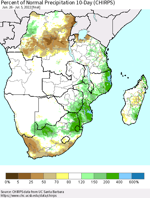 Southern Africa Percent of Normal Precipitation 10-Day (CHIRPS) Thematic Map For 6/26/2022 - 7/5/2022
