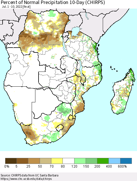 Southern Africa Percent of Normal Precipitation 10-Day (CHIRPS) Thematic Map For 7/1/2022 - 7/10/2022