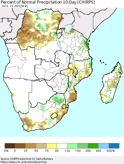 Southern Africa Percent of Normal Precipitation 10-Day (CHIRPS) Thematic Map For 7/6/2022 - 7/15/2022
