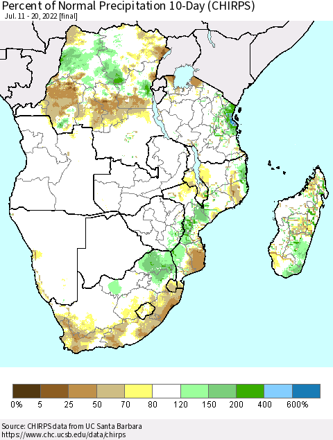 Southern Africa Percent of Normal Precipitation 10-Day (CHIRPS) Thematic Map For 7/11/2022 - 7/20/2022