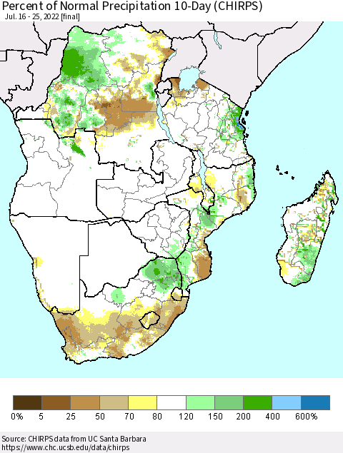 Southern Africa Percent of Normal Precipitation 10-Day (CHIRPS) Thematic Map For 7/16/2022 - 7/25/2022