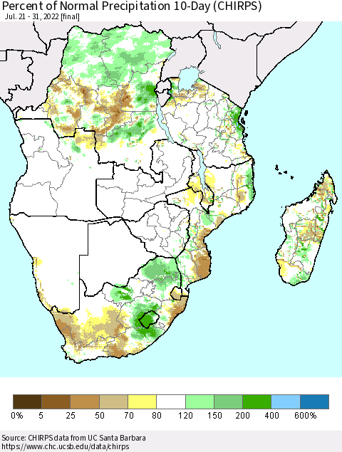 Southern Africa Percent of Normal Precipitation 10-Day (CHIRPS) Thematic Map For 7/21/2022 - 7/31/2022