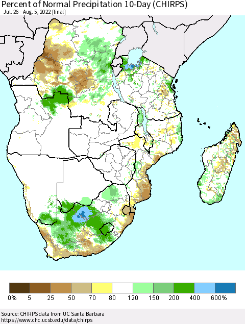 Southern Africa Percent of Normal Precipitation 10-Day (CHIRPS) Thematic Map For 7/26/2022 - 8/5/2022